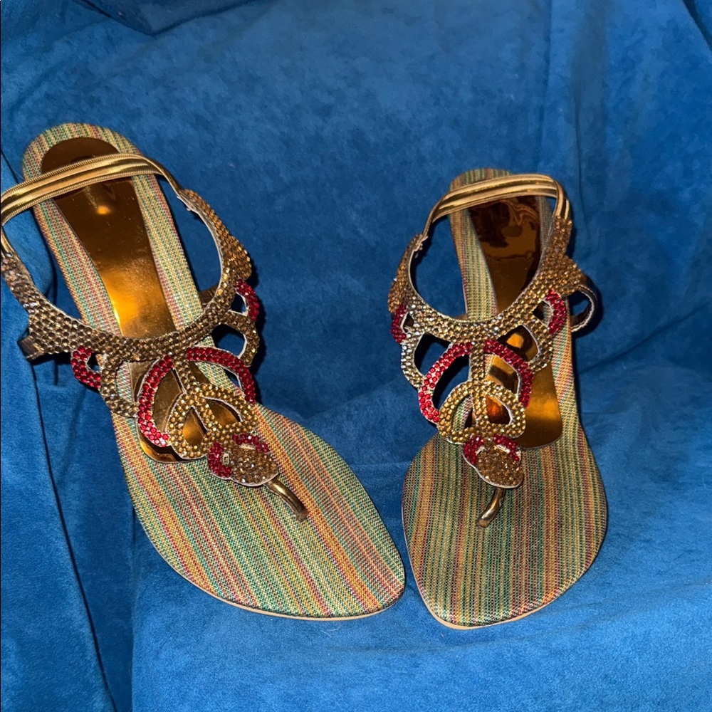 Elegant Multicolor Sandals size 10 short heel, elastic back